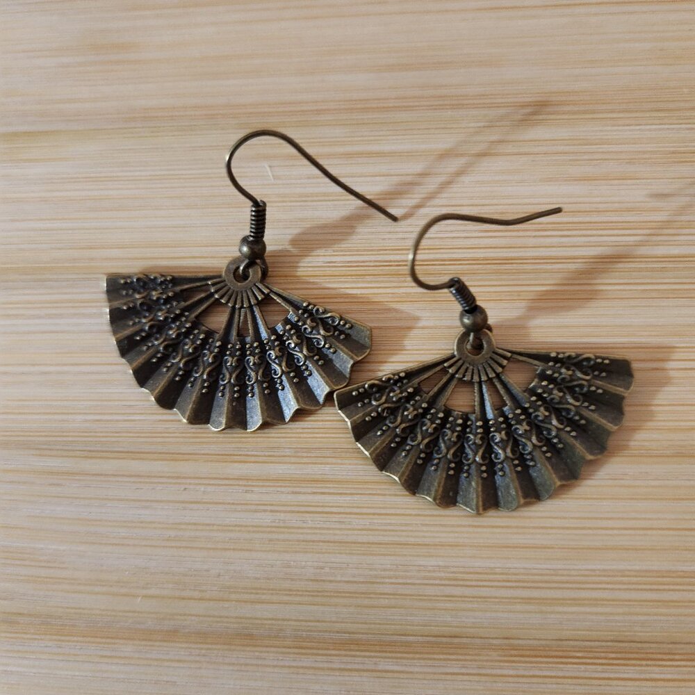 Hand Crafted Antique Brass Fan Drop Earrings - Bronze Tone